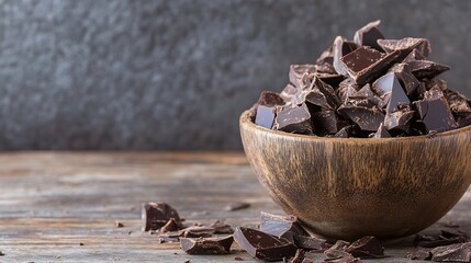 Poster - Rich dark chocolate chunks piled in a wooden bowl on rustic wooden surface ready for baking : Generative AI
