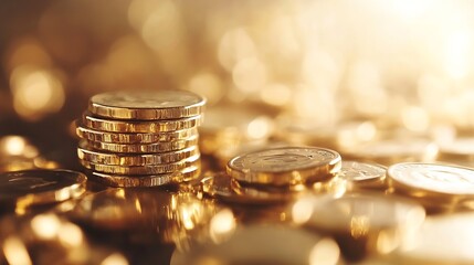 Fototapete - Piles of Gold Coins Glimmering Under Soft Light Creating Rich Ambiance : Generative AI