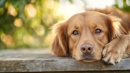 Poster - Golden Labrador Dog Relaxing on a Sunlit Surface with Gentle Nature Background : Generative AI