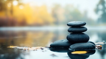 Aufkleber - Serene Stacked Black Stones in Calm Water Surrounded by Autumn Foliage and Soft Mist : Generative AI