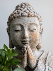 Aufkleber - Serene Buddha Statue in Meditative Pose with Praying Hands and Natural Surroundings : Generative AI