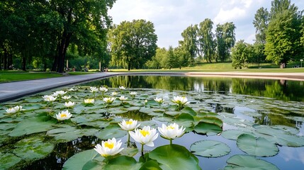 Aufkleber - Serene Water Lily Blooms on Calm Lake Surface in Summer Park : Generative AI