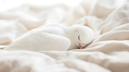 Aufkleber - Sleeping White Dove Resting Peacefully on Soft Creamy Bedding in Natural Light : Generative AI