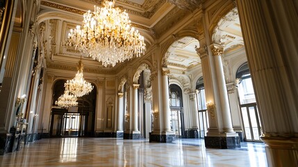 Aufkleber - Elegant interior of a grand hall showcasing luxurious chandeliers and classical architecture with high ceilings and ornate details : Generative AI