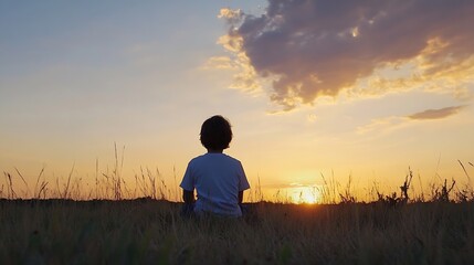 Aufkleber - Child facing a breathtaking sunset sitting in a field reflecting on nature and the beauty of life during golden hour : Generative AI