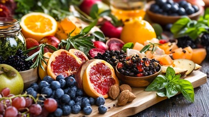 Poster - Colorful assortment of fresh fruits and herbs beautifully arranged on a wooden board showcasing health and abundance : Generative AI