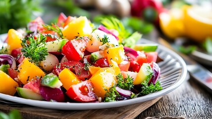 Poster - A vibrant and colorful plate of fresh vegetable salad showcasing healthy eating and culinary creativity : Generative AI