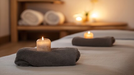 Aufkleber - Spa Treatment with Candles and Towels in a Calming and Peaceful Environment for Relaxation : Generative AI