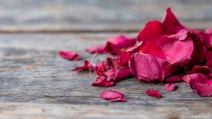Poster - Scattered Rose Petals on a Wooden Surface for Romantic and Aesthetic Decor : Generative AI