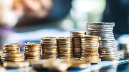 Poster - Stacks of shiny coins arranged in different heights on a well-organized surface representing finance and savings : Generative AI