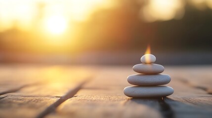 Poster - Serene Stacked Stones with Flickering Flame Creating a Calming Atmosphere at Sunset : Generative AI