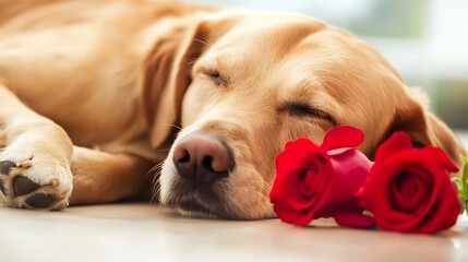 Poster - Golden Retriever Sleeping Peacefully with Red Roses in Cozy Indoor Setting : Generative AI