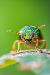 Poster - Macro View of a Colorful Green Beetle in Nature with Blurred Green Background : Generative AI