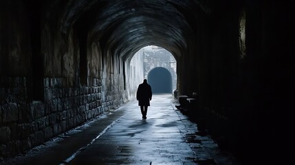 Poster - Silhouette of a Person Walking Through Dark Archway into Light : Generative AI