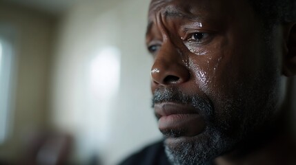 Poster - Close Up of a Sorrowful Black Man with Tears and Emotion Captured in Profile : Generative AI