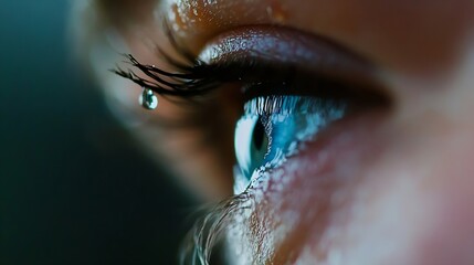 Poster - Close Up of a Captivating Blue Eye with a Tear Droplet and Luminous Details : Generative AI