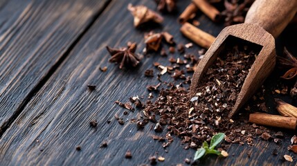 Poster - Freshly Ground Spices with Wooden Scoop on Rustic Wood Background : Generative AI