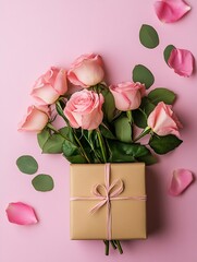 Poster - Fresh Pink Roses and a Gift Box with Petals on a Soft Pink Background : Generative AI