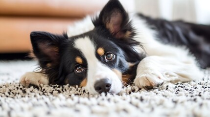Poster - Adorable black and white dog relaxing on a cozy rug in a living room : Generative AI