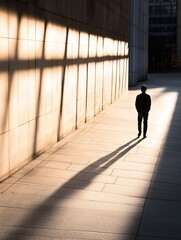 Aufkleber - Lonely figure casting long shadows on a sunlit wall in an urban setting : Generative AI