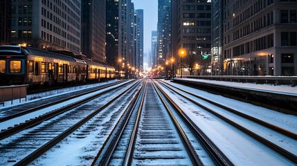 Poster - Winter Night Scene of Snow Covered Train Tracks in a Urban Cityscape : Generative AI