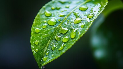 Poster - Close up of raindrops on a fresh green leaf in nature : Generative AI