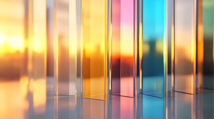Aufkleber - Colorful Glass Panels Reflecting the Warm Glow of Sunset for Artistic Looks : Generative AI