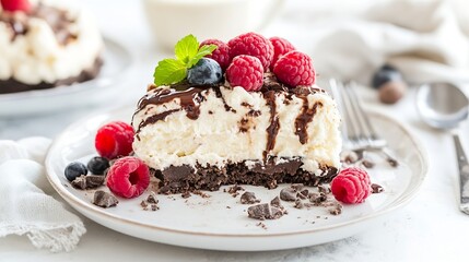 Poster - Delicious slice of chocolate ice cream cake topped with fresh berries creating a tempting treat : Generative AI