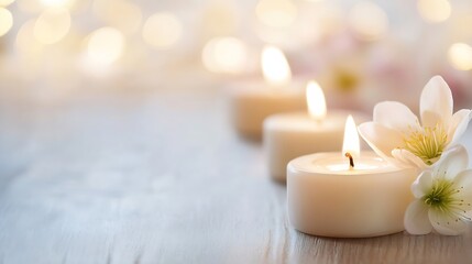Fototapete - Beautiful White Candles Lit With Flowers Decorated On Soft Fuzzy Wooden Background : Generative AI
