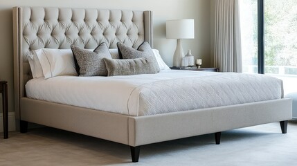Poster - An elegant European bed with a soft headboard and high-quality linens, placed in a contemporary room with ample natural light and space.