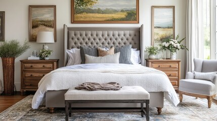 Poster - An elegant European bed with a soft tufted headboard, fine linens, and an open floor plan, offering space for design elements and text.
