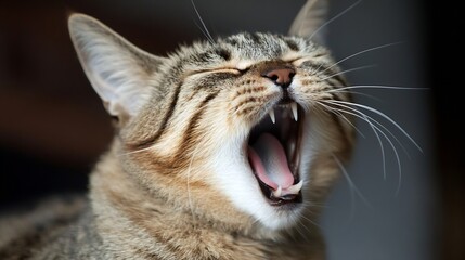 Aufkleber - Yawning Tabby Cat Relaxing in a Cozy Indoor Setting : Generative AI