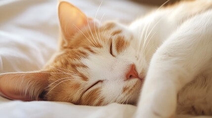 Poster - Cute Orange and White Cat Sleeping Peacefully on a Soft Bed : Generative AI