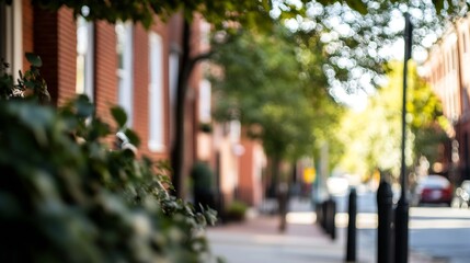 Aufkleber - Beautifully Blurred Streetscape With Lush Greenery and Sunlit Buildings : Generative AI