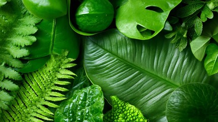 Aufkleber - Vibrant Green Leaves and Plants Overhead View of Lush Forest Foliage : Generative AI
