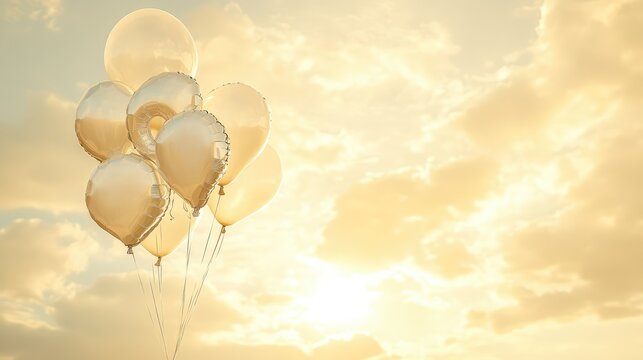 A bunch of silver letter balloons tied together, drifting into a warm golden sky, beautiful copy space.