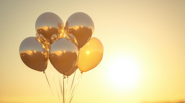 A bunch of silver letter balloons tied together, drifting into a warm golden sky, beautiful copy space.