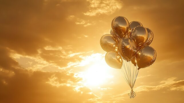 A bunch of silver letter balloons tied together, drifting into a warm golden sky, beautiful copy space.