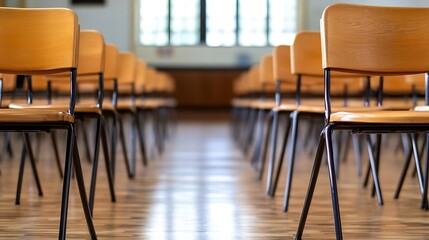 Leinwandbilder - Row of Empty Wooden Chairs in a Bright and Spacious Classroom Setting : Generative AI