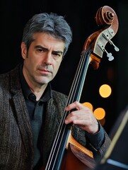 Poster - Focused Male Musician Playing Double Bass on a Night Performance : Generative AI