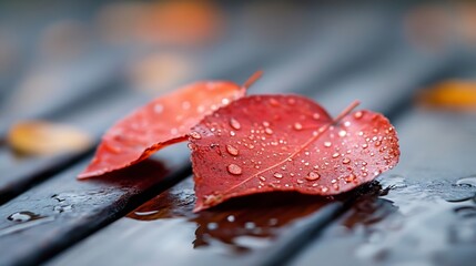 Poster - Close-Up of Droplets on Red Maple Leaves on Wet Wooden Surface After Rain : Generative AI