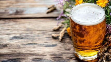 Aufkleber - Refreshing Pint of Beer Surrounded by Colorful Wildflowers on Rustic Wooden Table : Generative AI