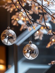 Aufkleber - Charming Christmas Ornaments Hanging on a Snowy Tree Branch with Warm Lights : Generative AI