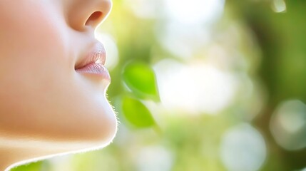 Poster - Close-up of a woman's mouth and chin in a natural green background : Generative AI