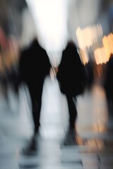 Fototapete - Blurred abstract image of two figures walking through an urban area with glowing lights : Generative AI
