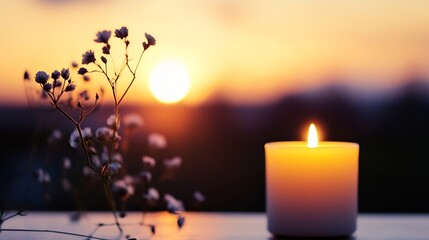 Poster - Cozy Candlelit Scene with Delicate Flowers and a Sunset Background : Generative AI