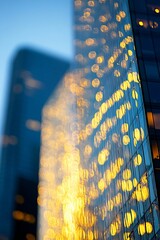 Poster - Glistening reflections of yellow bokeh lights creating a mesmerizing urban aesthetic : Generative AI
