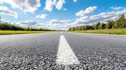 Aufkleber - Wide open road stretching into the distance beneath a clear blue sky with fluffy clouds : Generative AI