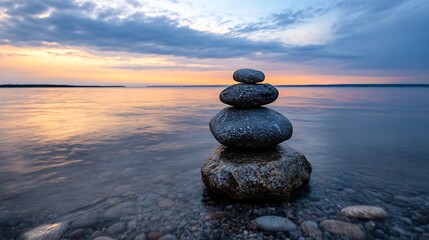 Poster - Serene Sunset Over Calm Waters with Stacked Rocks Symbolizing Balance and Tranquility : Generative AI