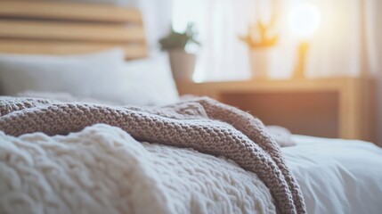 Aufkleber - Cozy Bedroom with Soft Knitted Blanket and Natural Light Streaming In : Generative AI